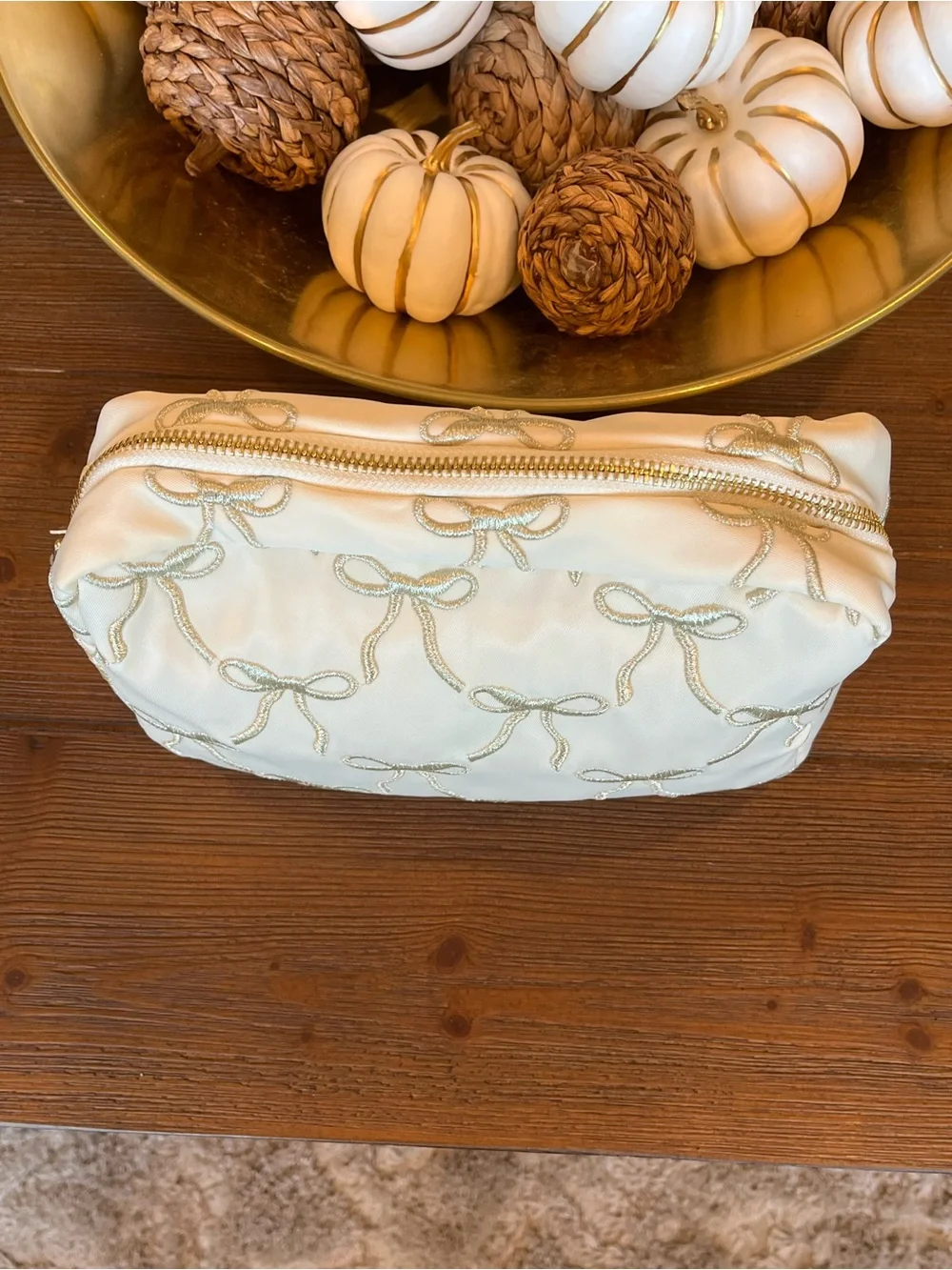 NWT Gloss and Glo Cream Bow-Embroidered Cosmetic Pouch with Gold Accents